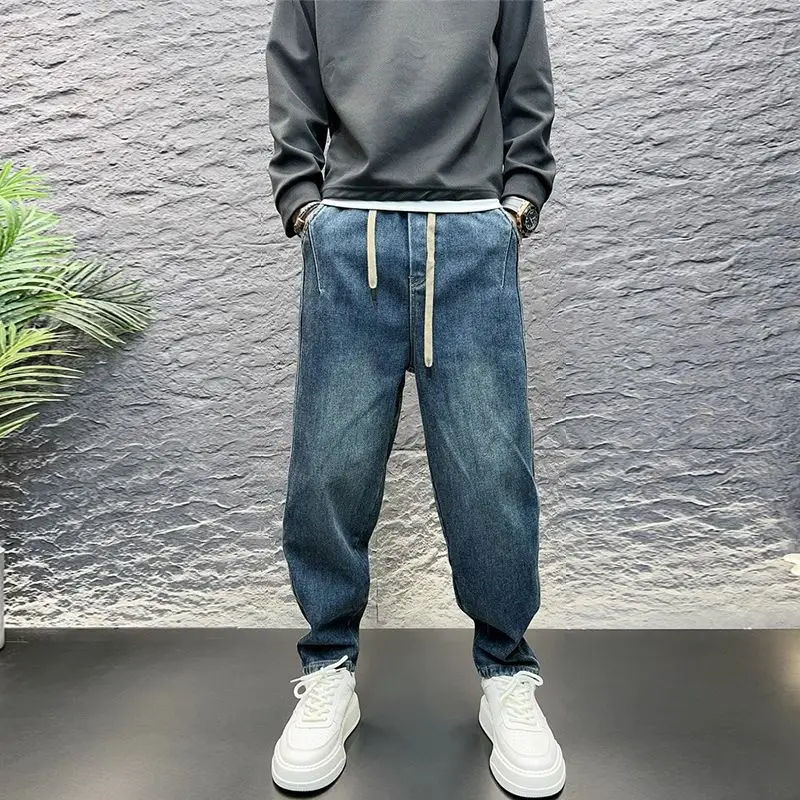 

Мужские однотонные джинсы-шаровары с узкими штанинами, эластичным поясом, синие, рабочие брюки, модные брендовые длинные брюки