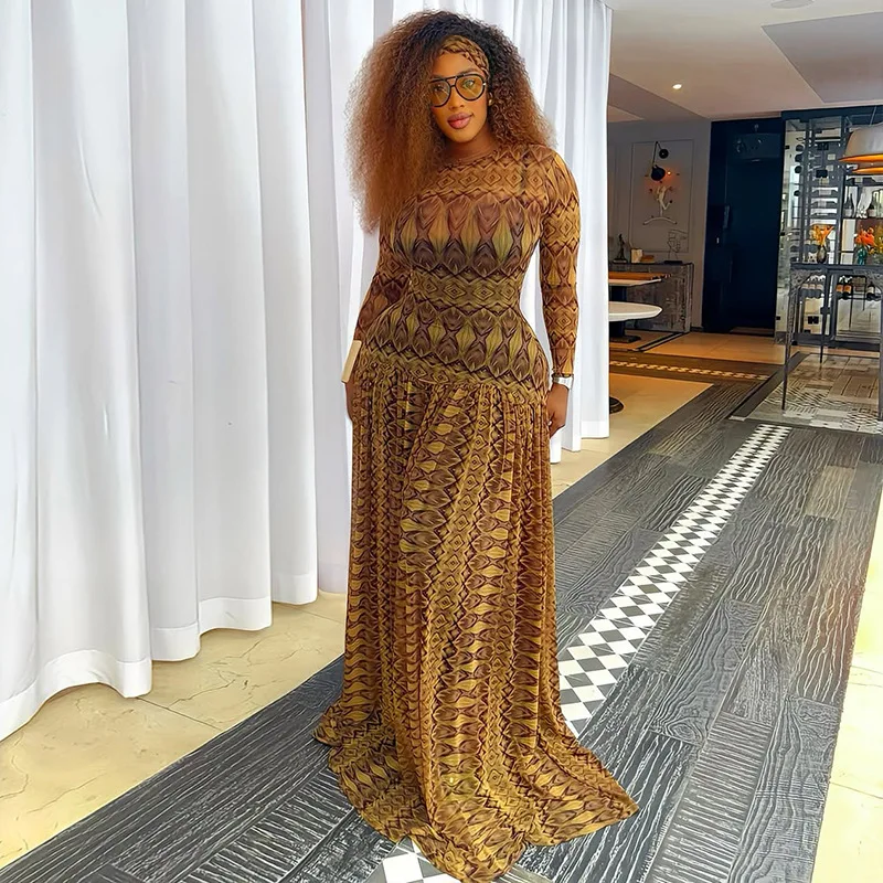 DSMTRC Bohemian Style Women Autumn Holiday Maxi Dress Geometric Printed Ligh Brown Long Sleeve Dresses See-through Sheer Vestido