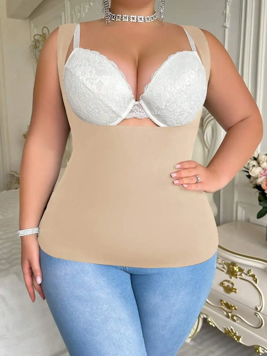 

Beige Plus Size Seamless Shapewear Camisole With Delicate Lace Bralette Overlay For Women