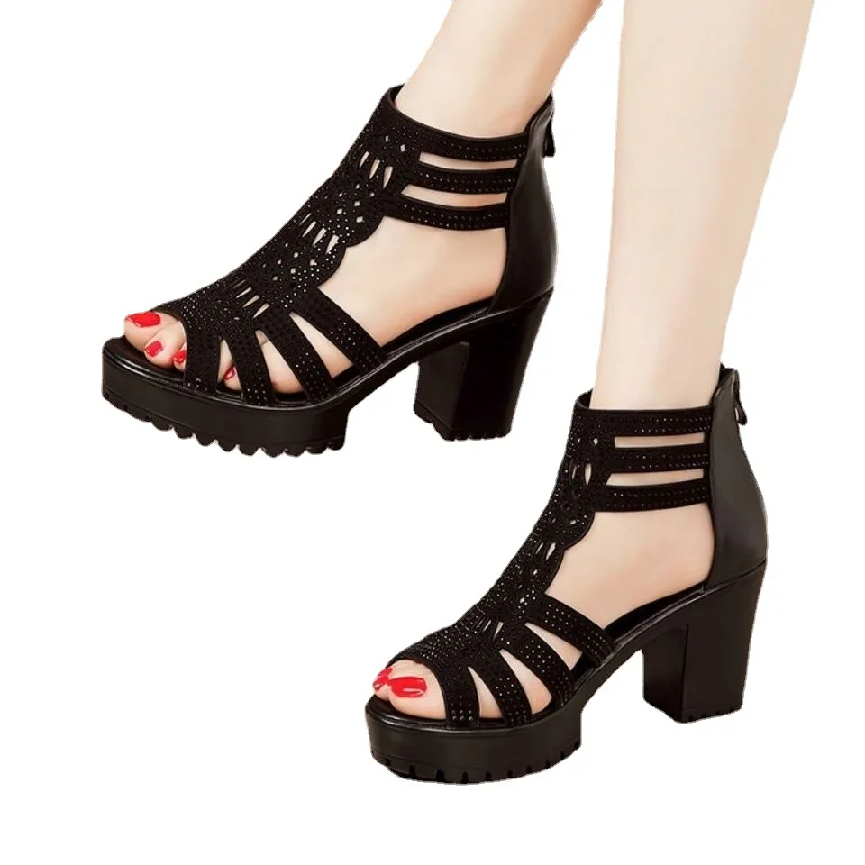 High Heels Gladiator Sandals Woman Open Head Sexy Black Rivet Block Heel Platform Shoes Summer Back Zip Size 35-40 Women Sandals