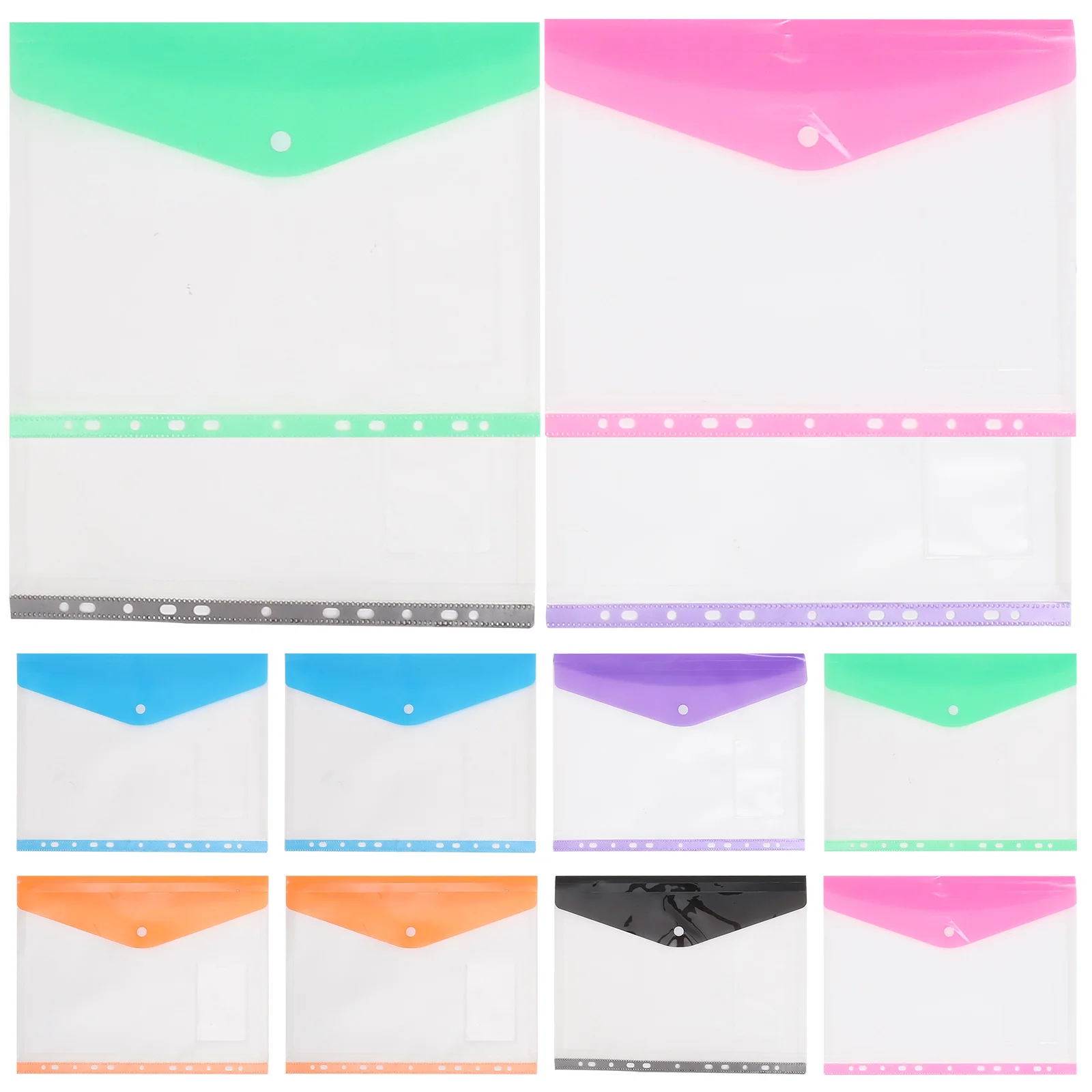 

12pcs A4 File Bags Snap Button Transparent PP Waterproof Document Storage Pouches Binder Dividers Mixed Colors