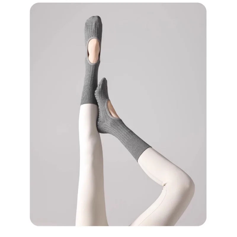 Women Sports Socks Silicone Non Slip Yoga Knitted Cotton Breathable Backless Ballet Pilates Medium Tube Athletic Socks