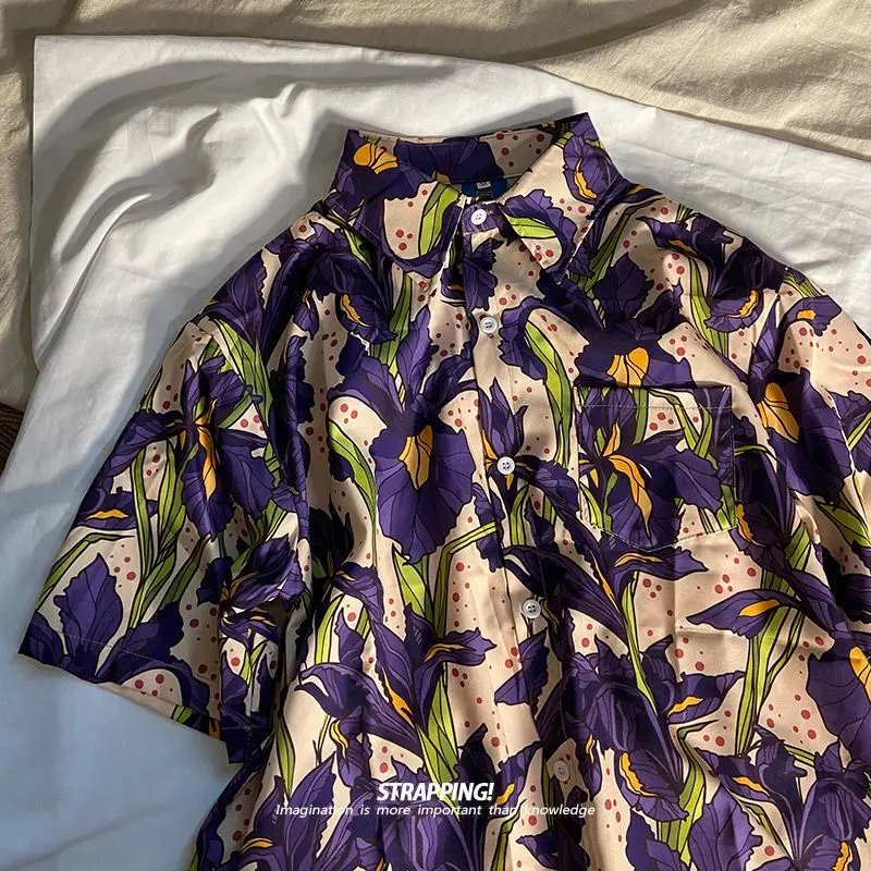 New purple floral short-sleeved floral shirts for men and women Hawaiian vintage Thai and Japanese retro Hong Kong style shirts