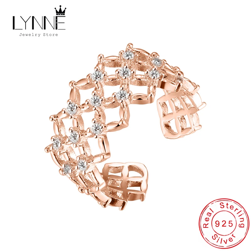 Fashion Creative Mesh Features 925 Sterling Silver Resizable Rings Women Jewelry Rhombus Net Rhinestone Rose Gold Finger Ring