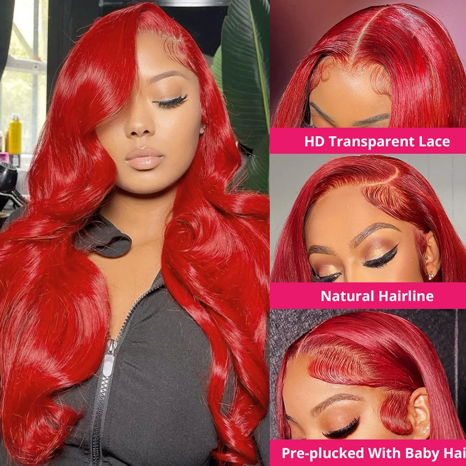 13x4 Hot Red Lace Front Human Hair Wigs Body Wave Burgundy Red Colored Transparent Lace Front Wigs Human Hair Remy 200% Density