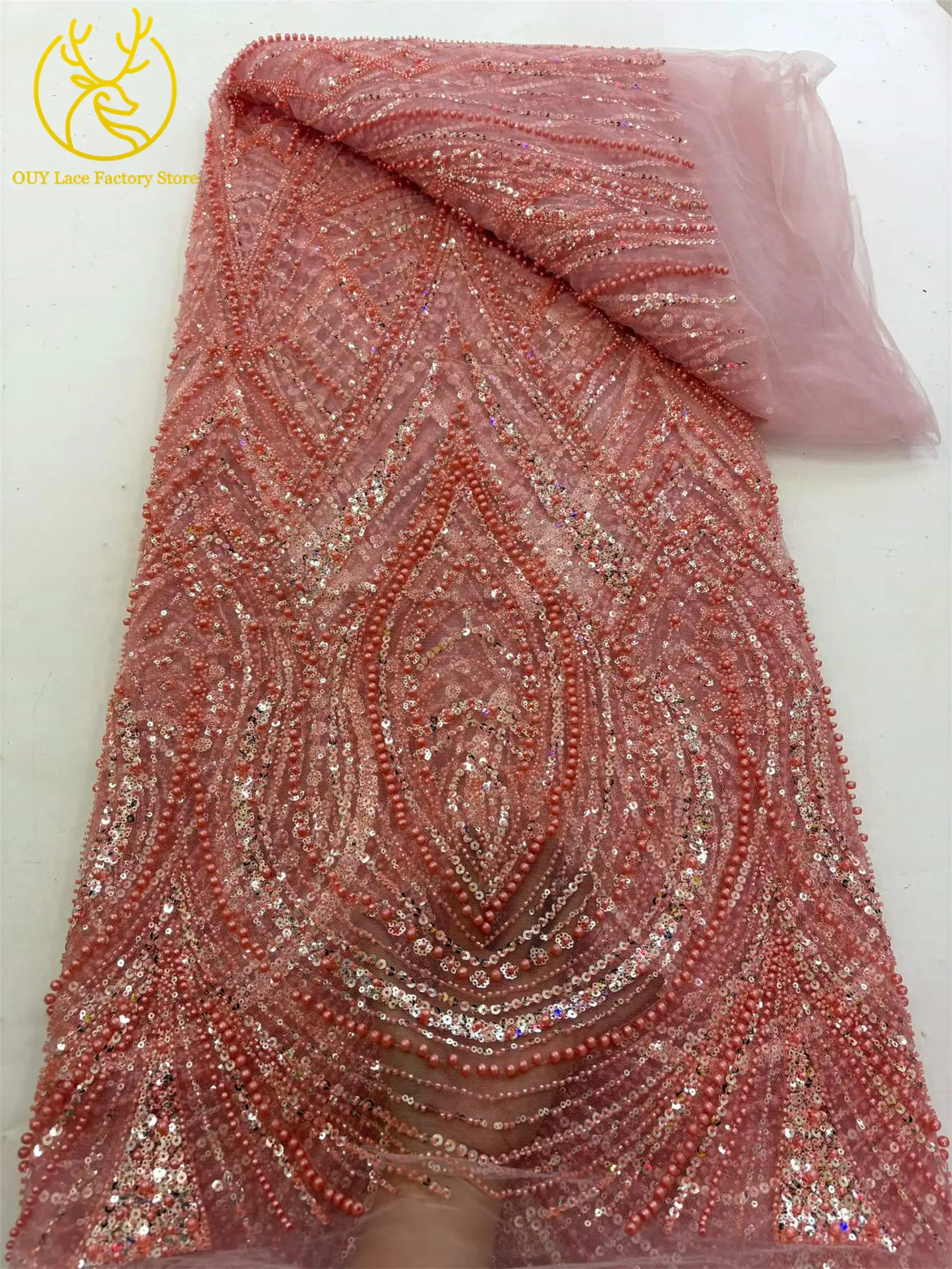 Afrikanischer Perlenstickerei-Spitzenstoff, 5 Yards, hochwertiger, eleganter Pailletten-Spitzenstoff, grün, nigerianisch, für Hochzeits- und Abendkleider – Detail 17