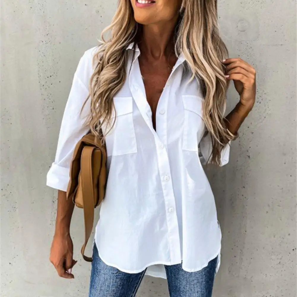 

White Black Loose Women Shirt Turn-Down Collar Single Breasted Long Sleeve Flap Pockets Side Split Casual Shirt Female Clothing