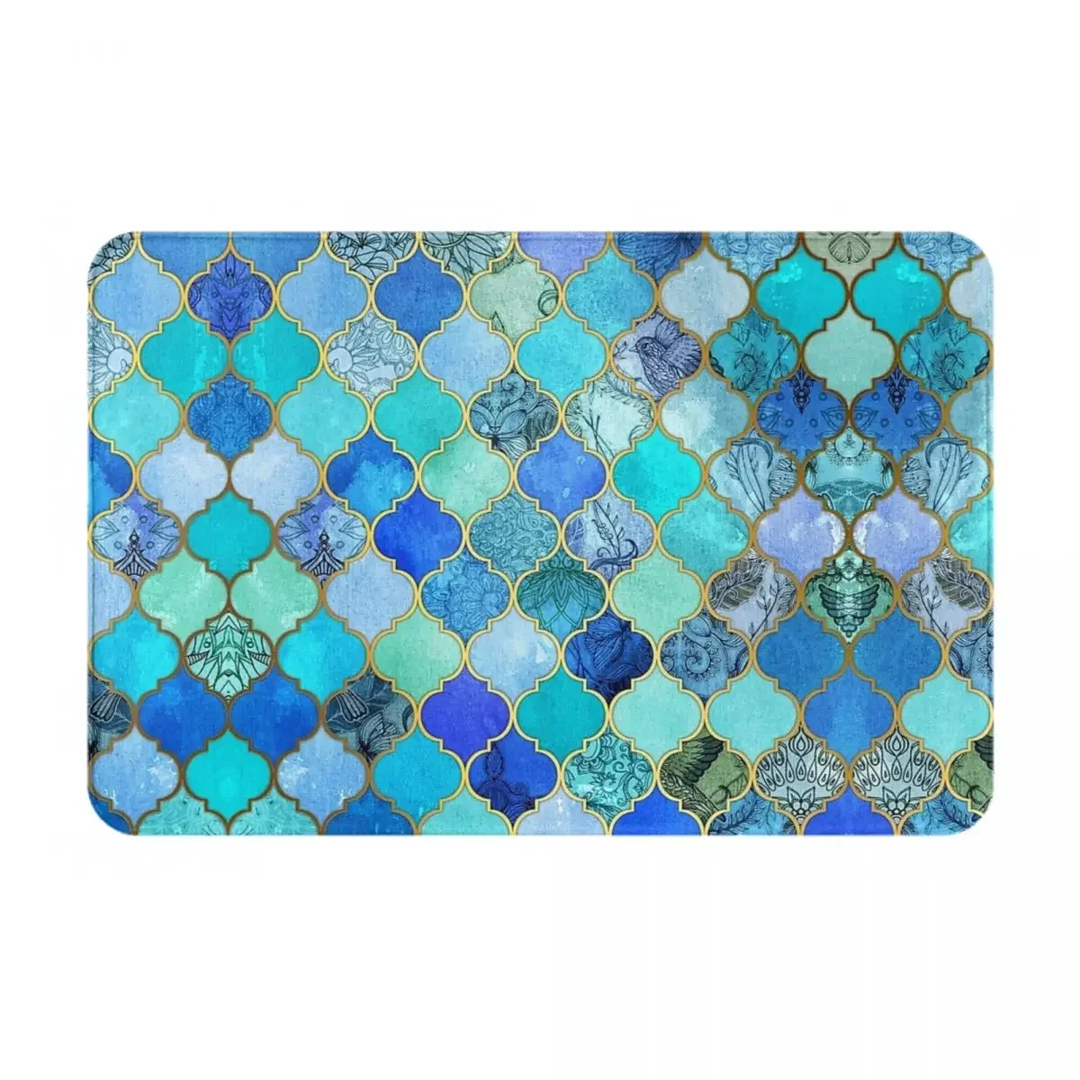 Cobalt Blue, Aqua & Gold Decorative Moroccan Tile Comforter Doormat Rug Carpet Mat Footpad Polyester Non-slip Washable Entrance