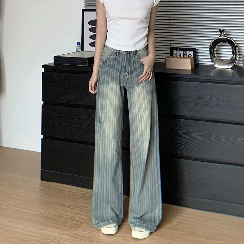 2025 Girls Striped Designer Wide Leg Jeans Female Chic Retro High Waist Denim Trousers Lady Baggy Thin Casual Pants