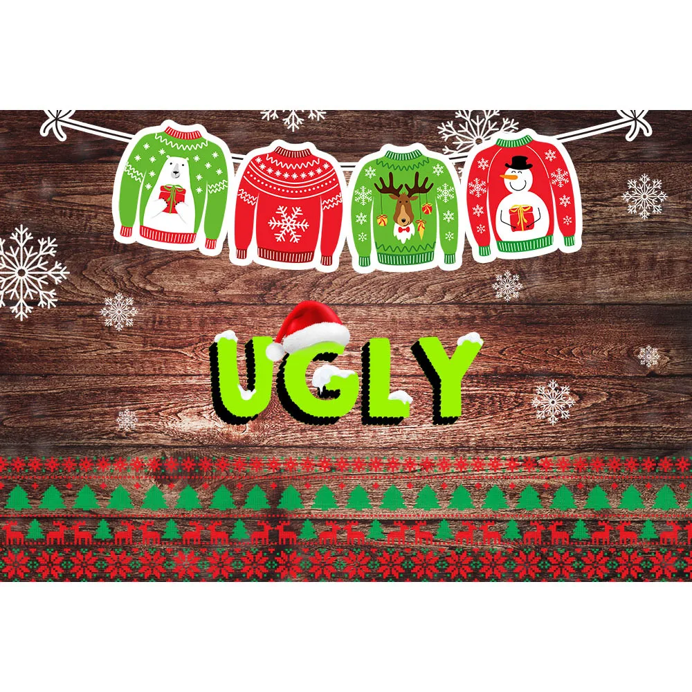 Mocsicka ไม้ Ugly Sweater Party ฉากหลังสำหรับถ่ายภาพฤดูหนาวเกล็ดหิมะคริสต์มาสพื้นหลังโปสเตอร์ Decor Photo Studio
