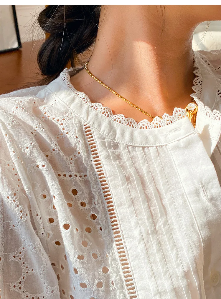 Embroidered Bohemian Women\'s Casual Shirt 2024 Spring/Summer Vacation Hollow Out Ruffled Blouse Women Clothes