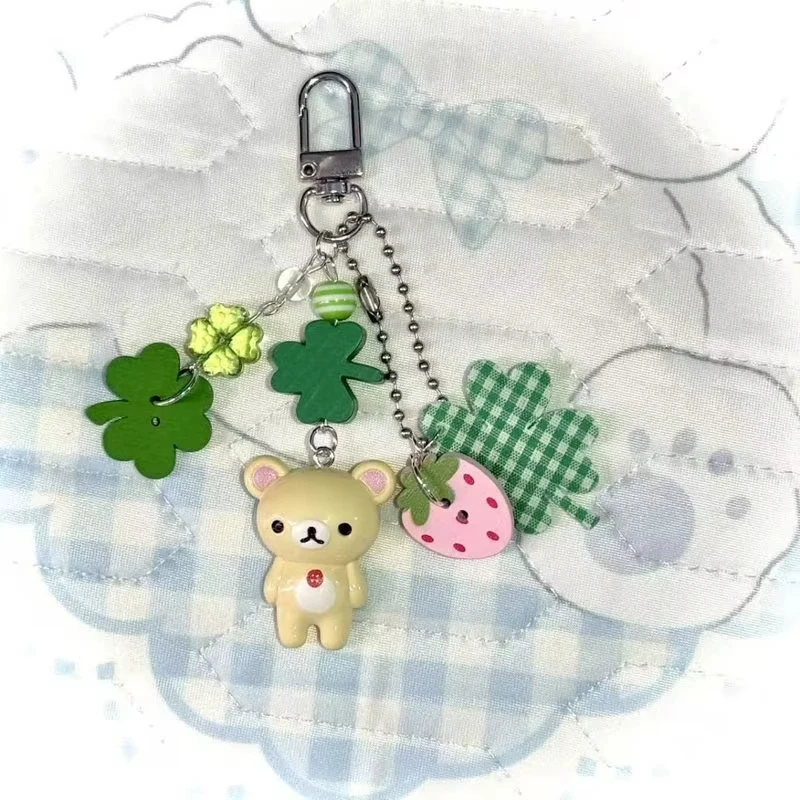 Rilakkuma Handmade Resin Clover Strawberry Cute Keychain Vintage Kawaii Y2K Aesthetic Cellphone Strap Bag Charm Keyring Gift