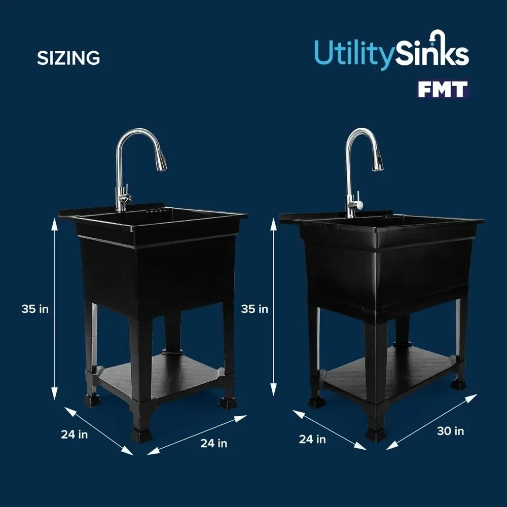 BestsellerPortable Outdoor Utility Tub Sink, 30 x 24, Black with Faucet, Drain Plug and Floor Levelers