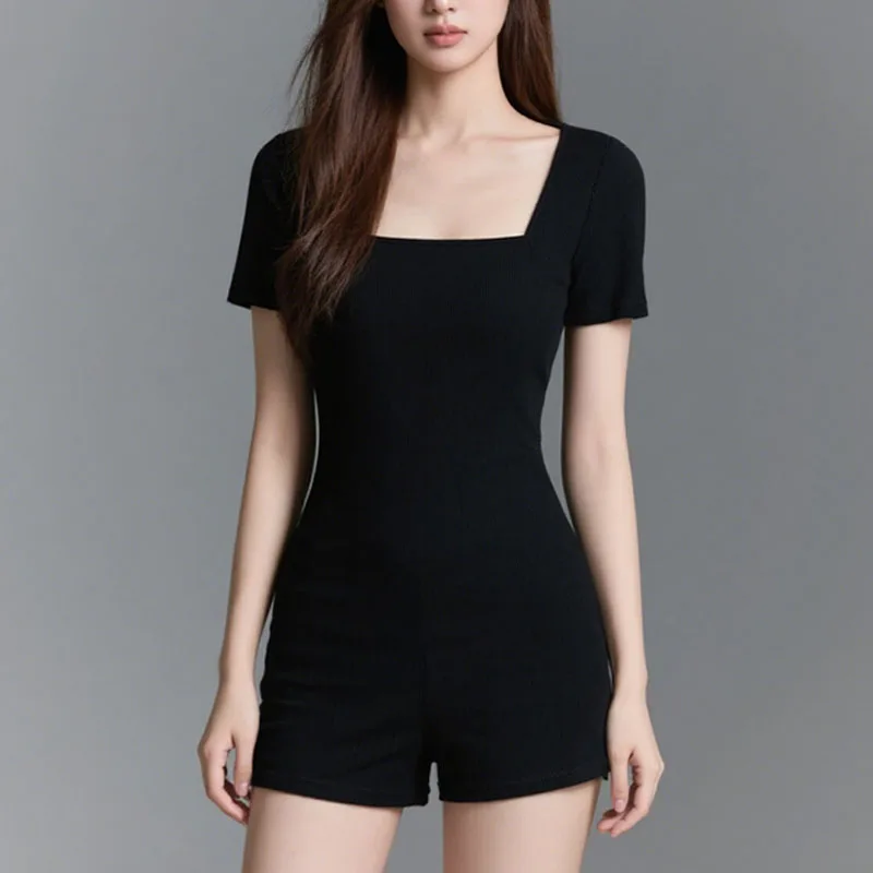 

Summer Sports Square Collar Short Sleeve Tight Sexy Black Jumpsuit Women's Knitted Jumpsuit Sexy Fitness Clothing In Summer