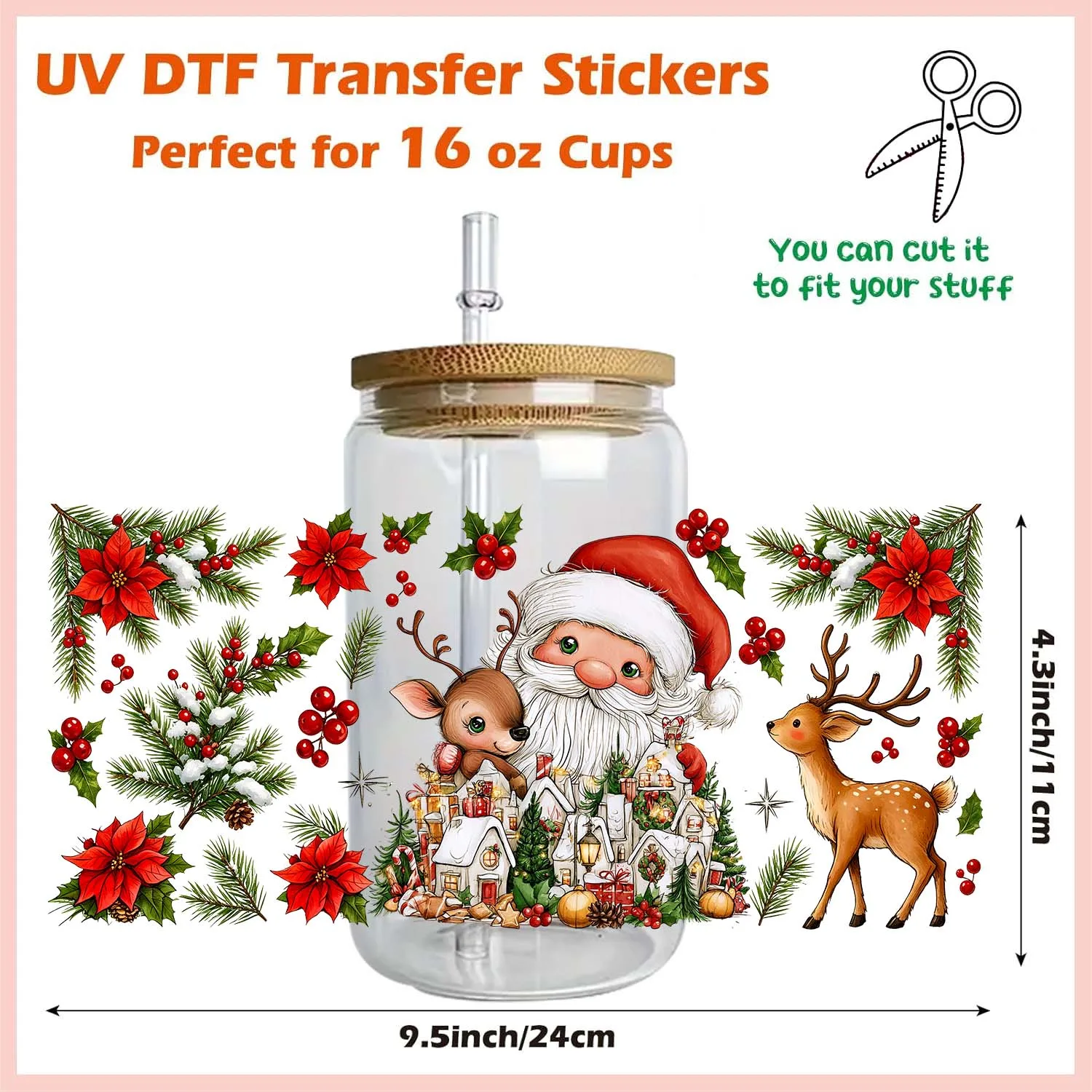 Merry Christmas Vibe Rub On 16oz Uvdtf Sticker waterproof DIY Decals 3D transfers uvdtf tumbler stickers 16oz uv dtf cup wraps