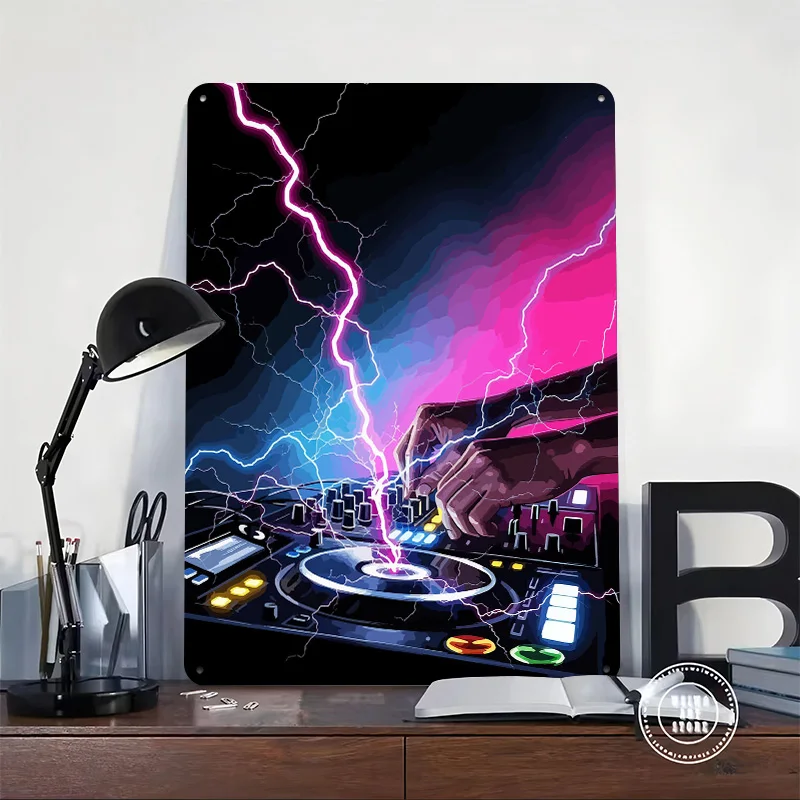 DJ Mixer With Lightning Personalized 3D Textured Metal Poster Wall Art Tinplate Sign for Interior Decoration Living Room House