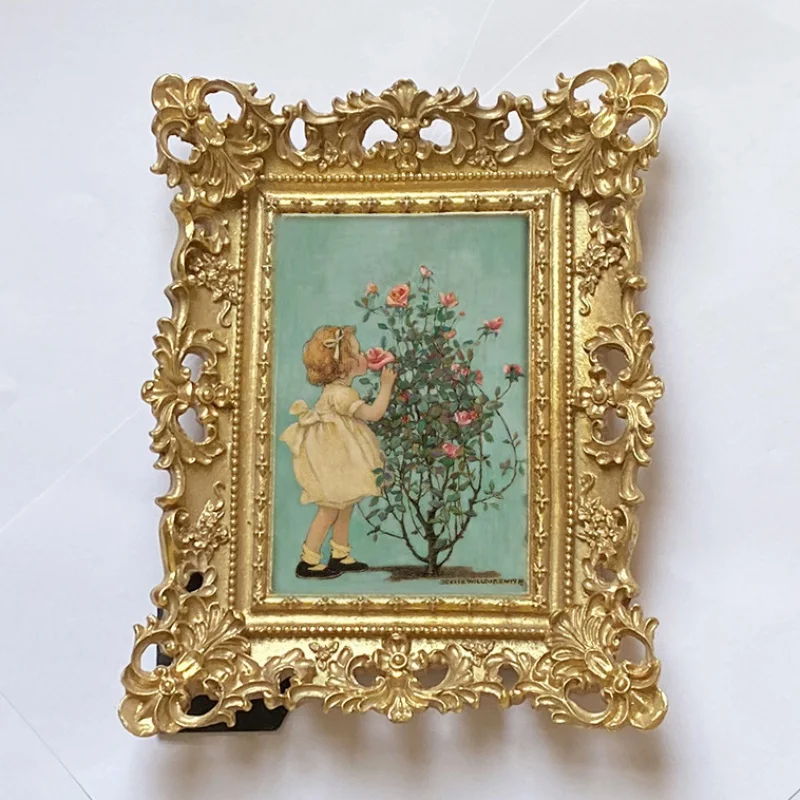 VintageFrench-Style American-Style Golden Rectangular Picture Frame Decorative Painting Resin Rectangular European-Style Backgro