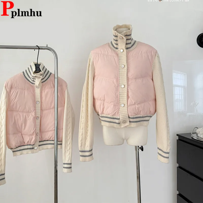 Elegant Knitted Spliced Lightweight Cotton Coats Korea Pink Fashion Casual Chaqueta Warm Casaco Winter Snow Wear Jackets Abrigos