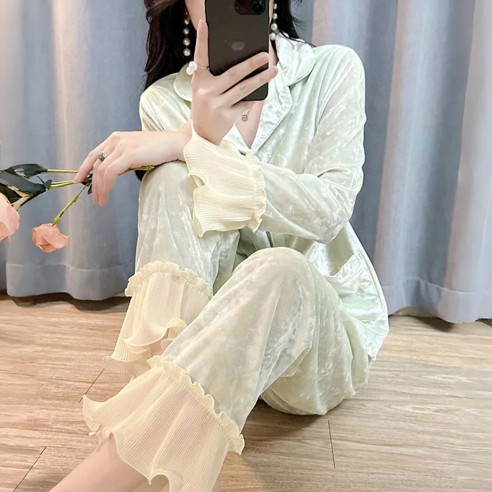 Women's Gold Velvet Pajamas Long-sleeved Suit French Ruffled Lace Fall And Winter New Warm Fashion Sweet Homewear