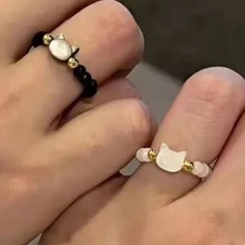 5pcs Couple Rings Set - Moonstone Obsidian Elastic Beaded Ring for Women Men Handmade Natural Stone Jewelry