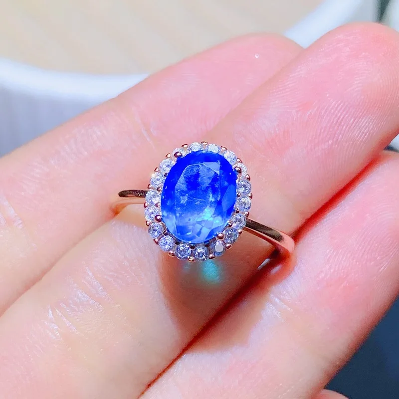 YULEM New Store Sale Natural Blue Opal Ring 925 Silver Women's Ring Gold Plated Process Simple Atmosphere 7x9mm