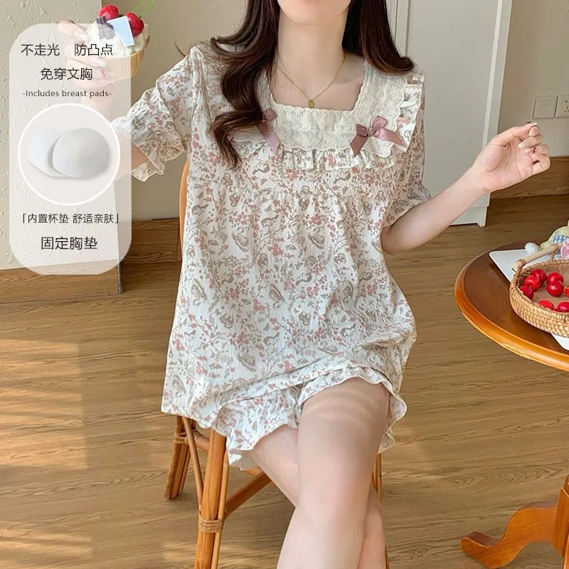 

Princess Style Pajamas Women Summer Sweet Floral Squre Neck Tops and Shorts 2 Pieces Set Sleepwear Sleep Lounge Can Wear Outside