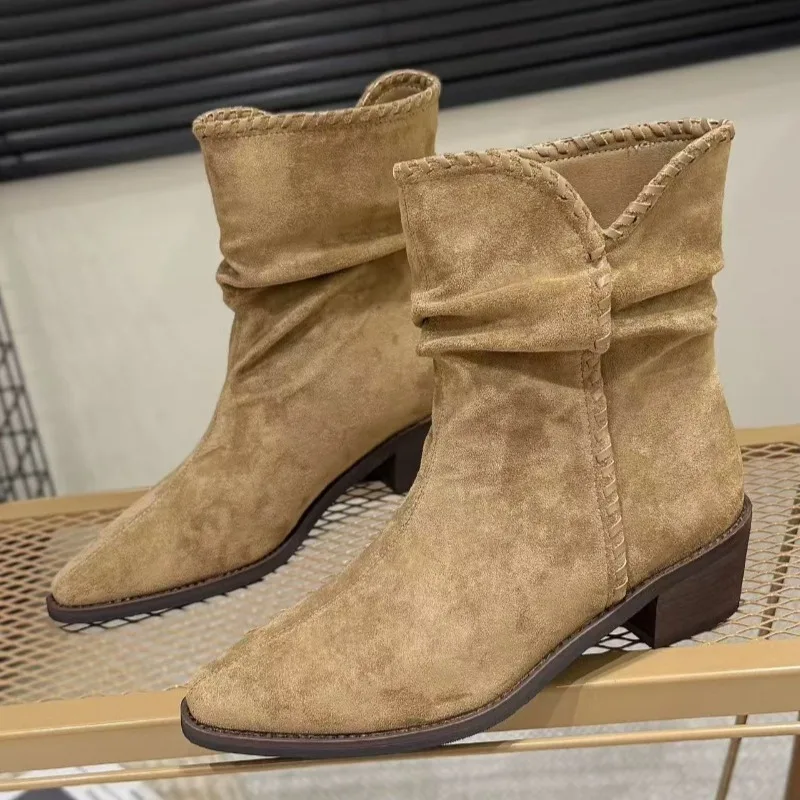 

Fashion Pointed Toe Women Ankle Boots 2025 Winter Mid Heels Shoes Classical Suede Woman Short Boots Dress Pumps Party Zapatillas