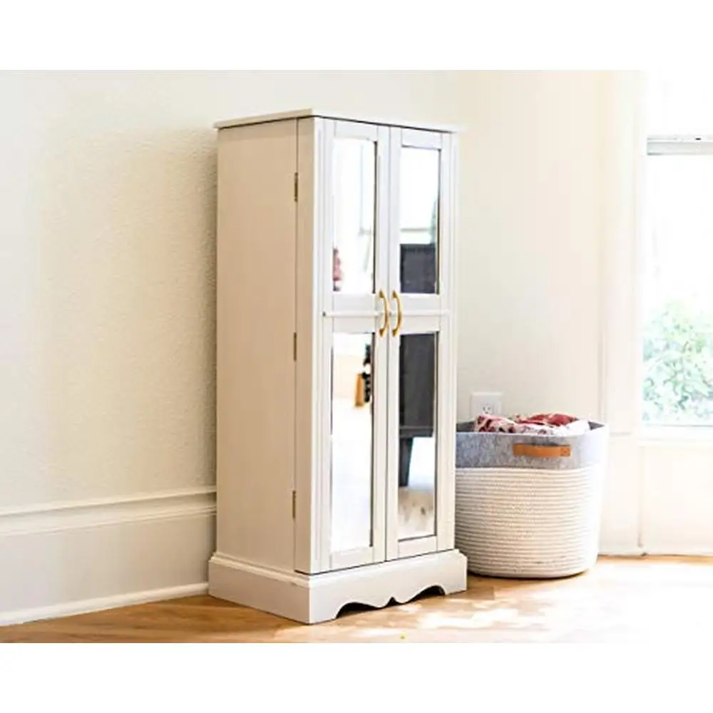 White Jewelry Armoire with Mirrored French Doors 7 Drawers 8 Necklace Hooks Vanity Mirror Cord Management Anti-Tarnish Lining