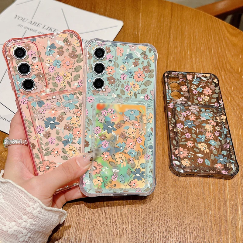 Funda tipo billetera con flores románticas para Samsung Galaxy S25 S24 S22 Ultra S23 S21 FE A55 A54 A35 A25 A15 A16 5G, funda transparente de TPU