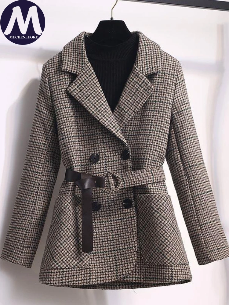 

Women's Blazers 2023 Autumn/Winter New Elegant Lattice Woolen Blazer Coats Korean Fashion Slim Fit Belt Women Short Blazers