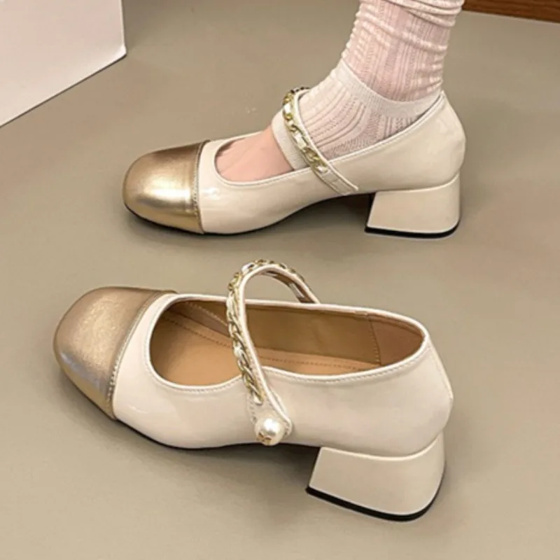 Spring and Autumn Women's Color Blocking Vintage High Heel Single Shoes New Women Pearl Embellishment Fashionable Low Top Shoes