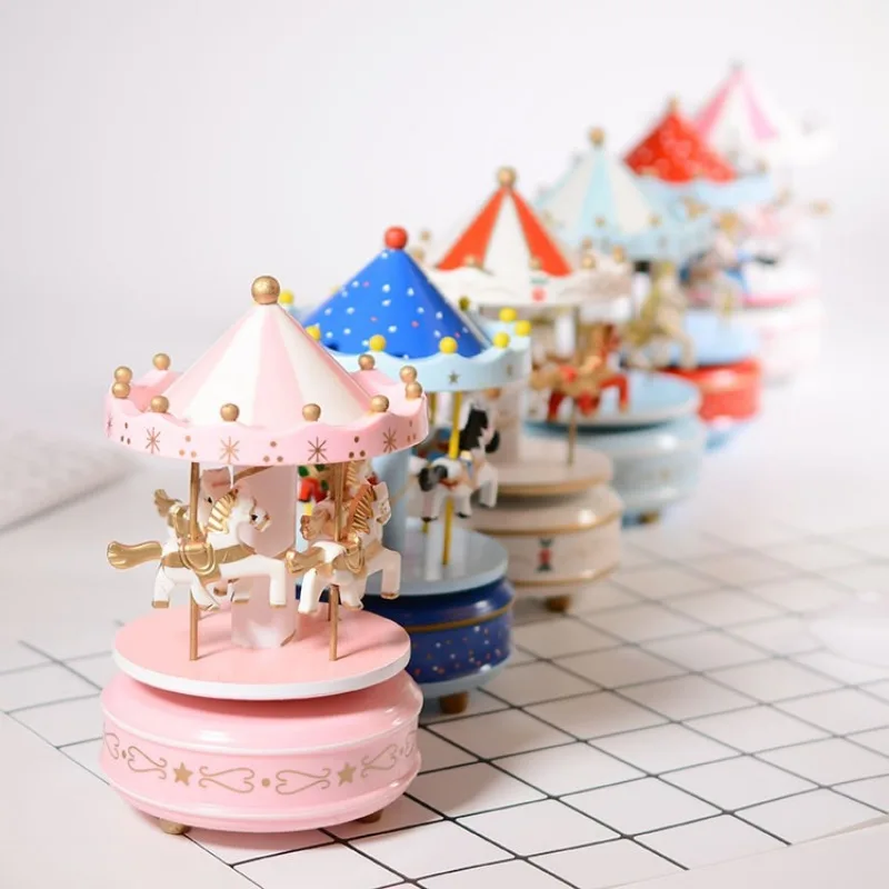 Christmas Carousel Music Box Nordic Wooden Animal Sculpture Vintage Handwork Music Box Christmas Party Kids Gift Home Decoration