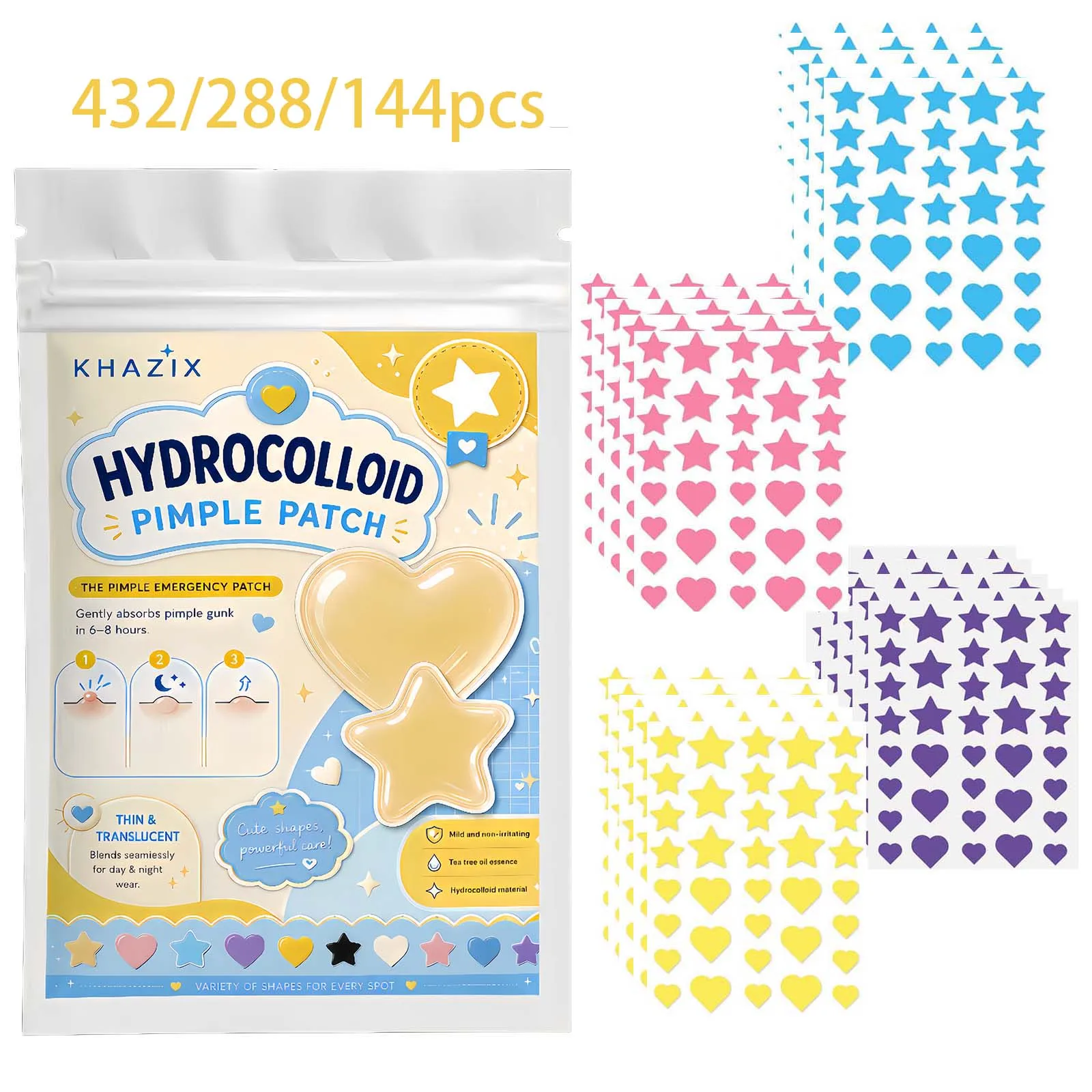 432/288/144PCS Pimple Patch Variety Pack, Hydrocolloid Heart & Star Stickers in 4 Fun Colors for Cute Facial Spot Styling