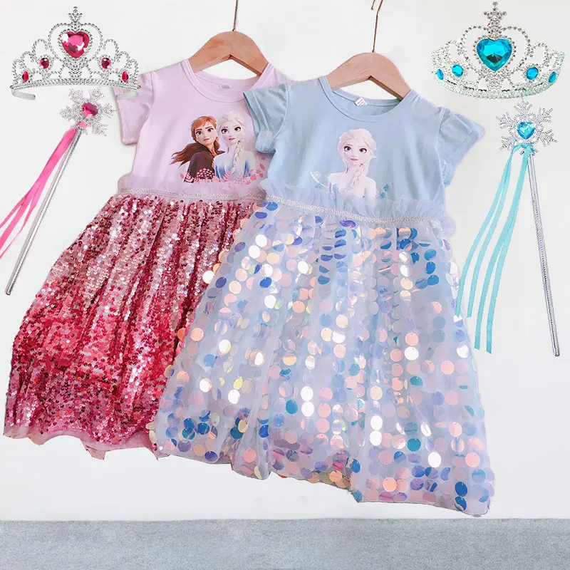 Disney Frozen Elsa Anna Cartoon Print Casual Princess Dress Girls 2024 Summer Clothing Knee Length Sequined Skirt A Line Frocks