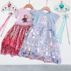 Vestido de princesa congelado feminino da Disney, Elsa, Anna, Desenhos animados estampa, casual, altura do joelho, saia lantejoulas, vestidos de linha A, roupas de verão, 2021