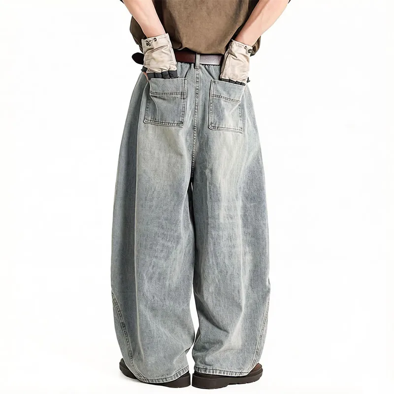 Retro Style Men Oversized Wide Leg Jeans Washed Vintage Baggy Distressed Denim Pants - view 4