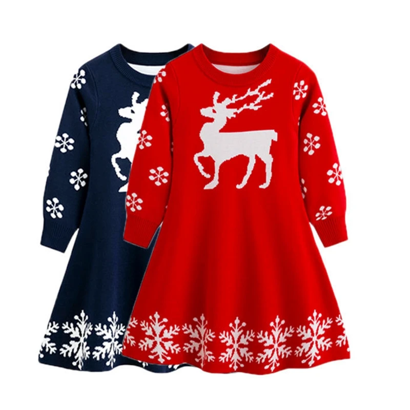 

New 2025 Baby Girls Casual Cartoon Elk Jacquard Christmas Warm Knitted Pullover Sweater Kids Autumn Winter Xmas Dress Knitwear