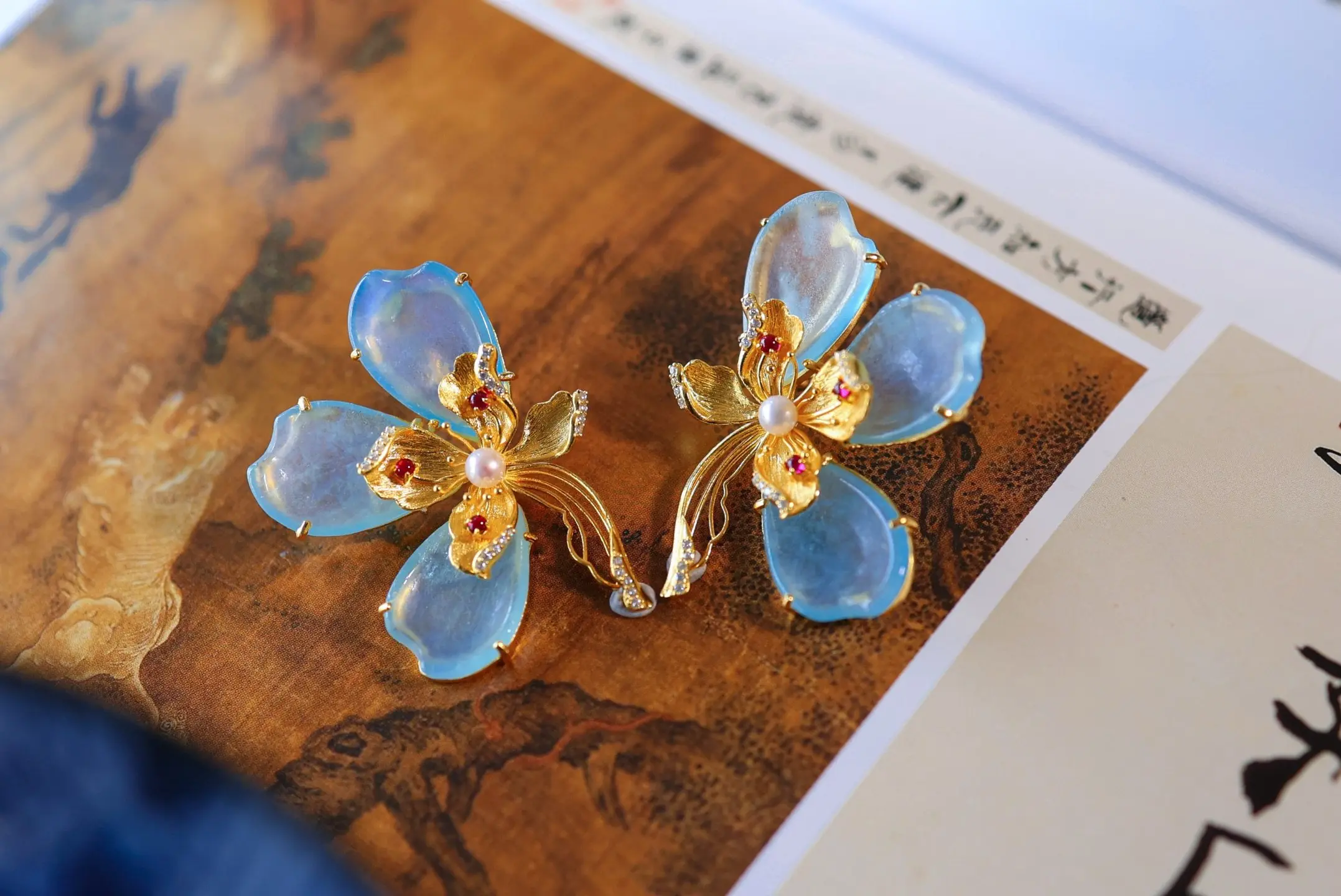 

Серьги-бабочки из натурального аквамарина, позолота 925 пробы, с драгоценными камнями и жемчугом, в китайском стиле, подарок