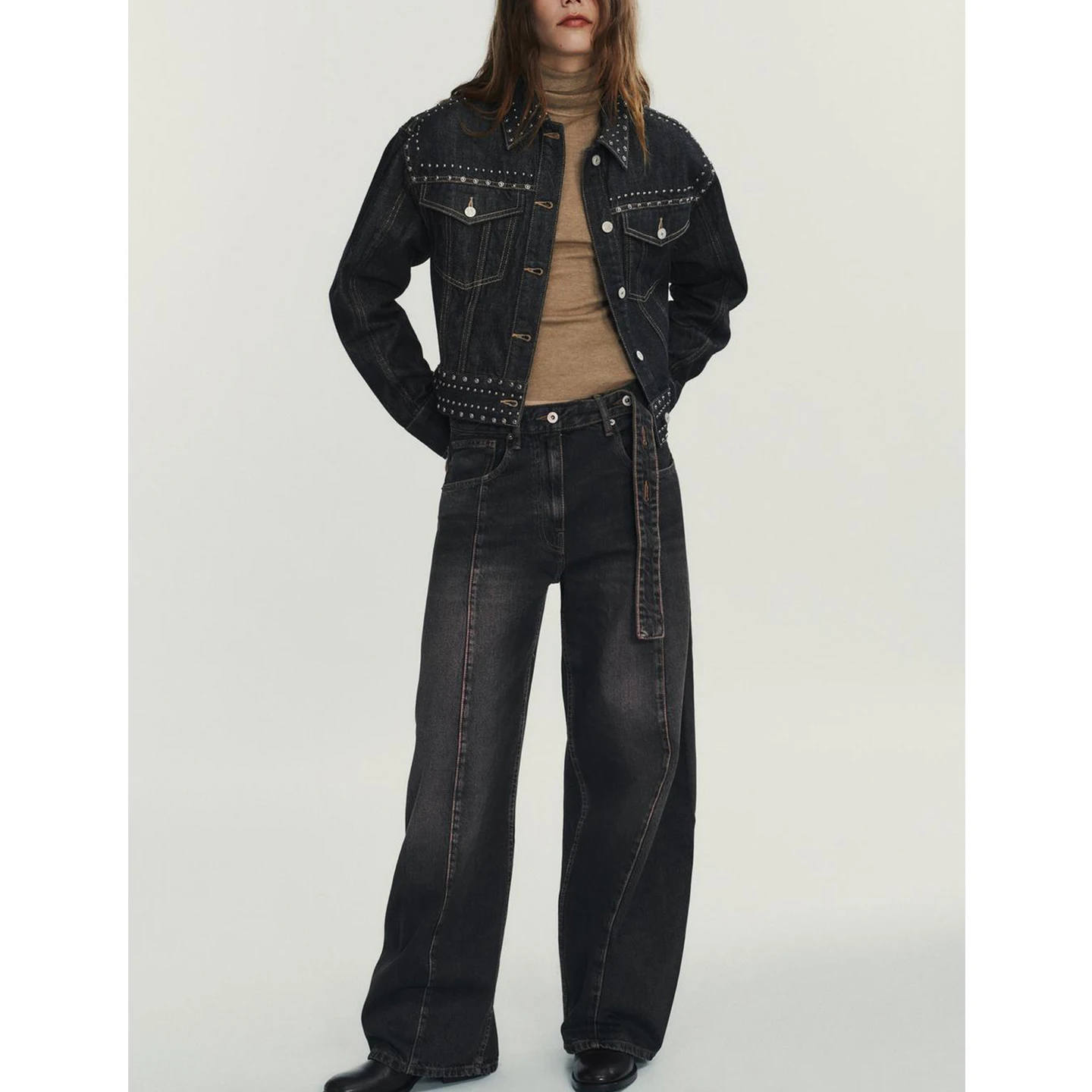 منخفضة الخصر جرس بوت الجينز المرأة Faion حزام الديكور فضفاضة تناسب سراويل جينز الخريف جديد Sle السيدات ملابس عالية الشارع #2