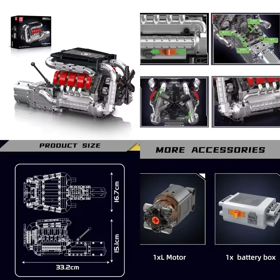 Mould King LSX454 V8 V12 W12 Motor Motorisierte Simulation Modell Elektrisch Antrieb Bausteine Technische Auto Teile Spielzeug Geschenk