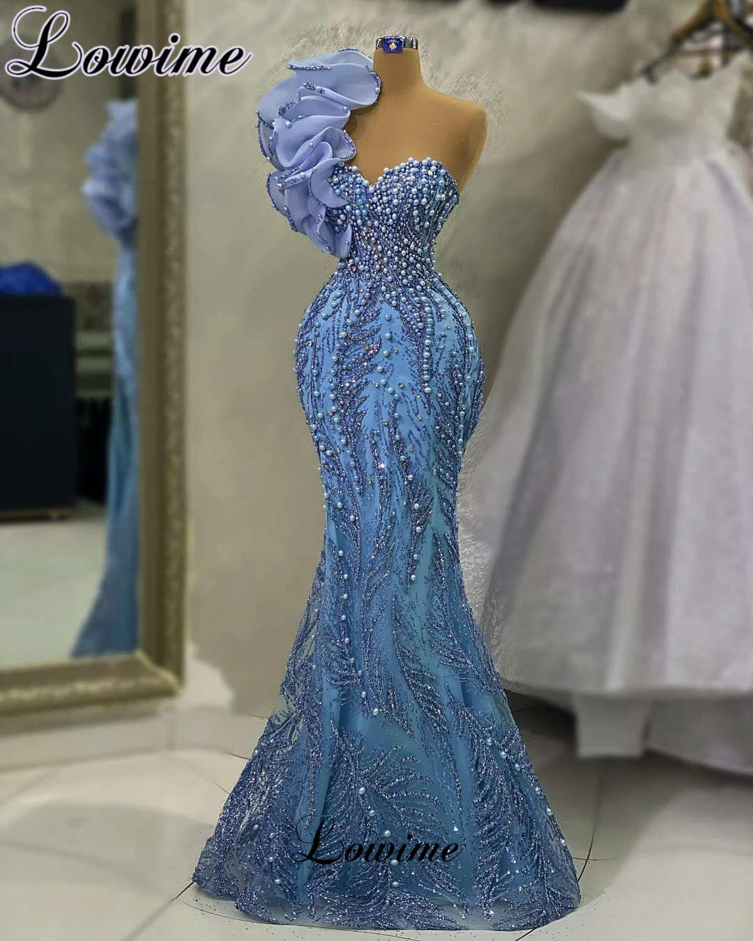 Pearls Blue Celebrity Dresses 2023 Mermaid Sweetheart Prom Dresses Robes Du Soir Engagement Dresses For Women Evening Gowns