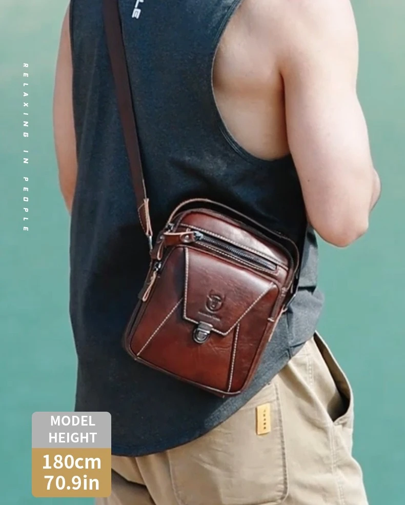Real leather men's square lock zipper tote travel phone tablet storage large capacity shoulder crossbody bag