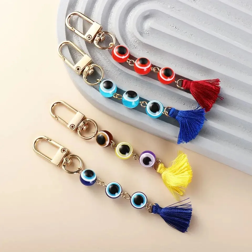 Turkish Blue Evil Eye Lucky Pendant Keychain Backpack Charms Durable Demon Eye Keyring Beads Resin Colorful Tassel Accessories