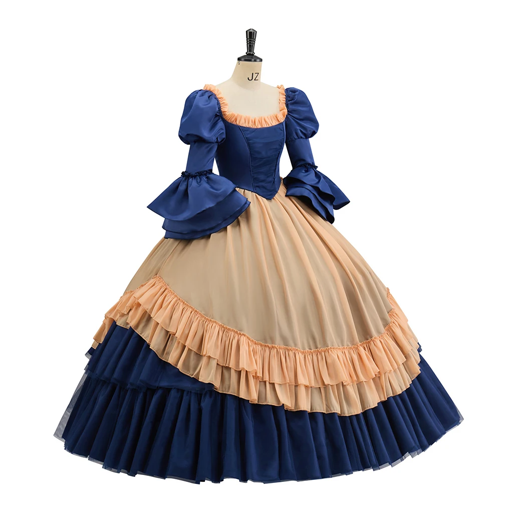 Vestido largo victoriano con bullicio, vestido de corte azul oscuro, disfraz de princesa real renacentista, disfraz Medieval británico para mujer