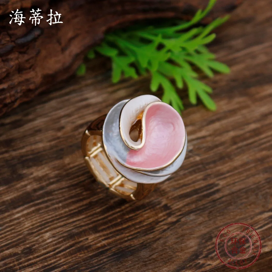DIY accessories enamel color hollow geometric rose elastic ring women's simple high-end flower ring