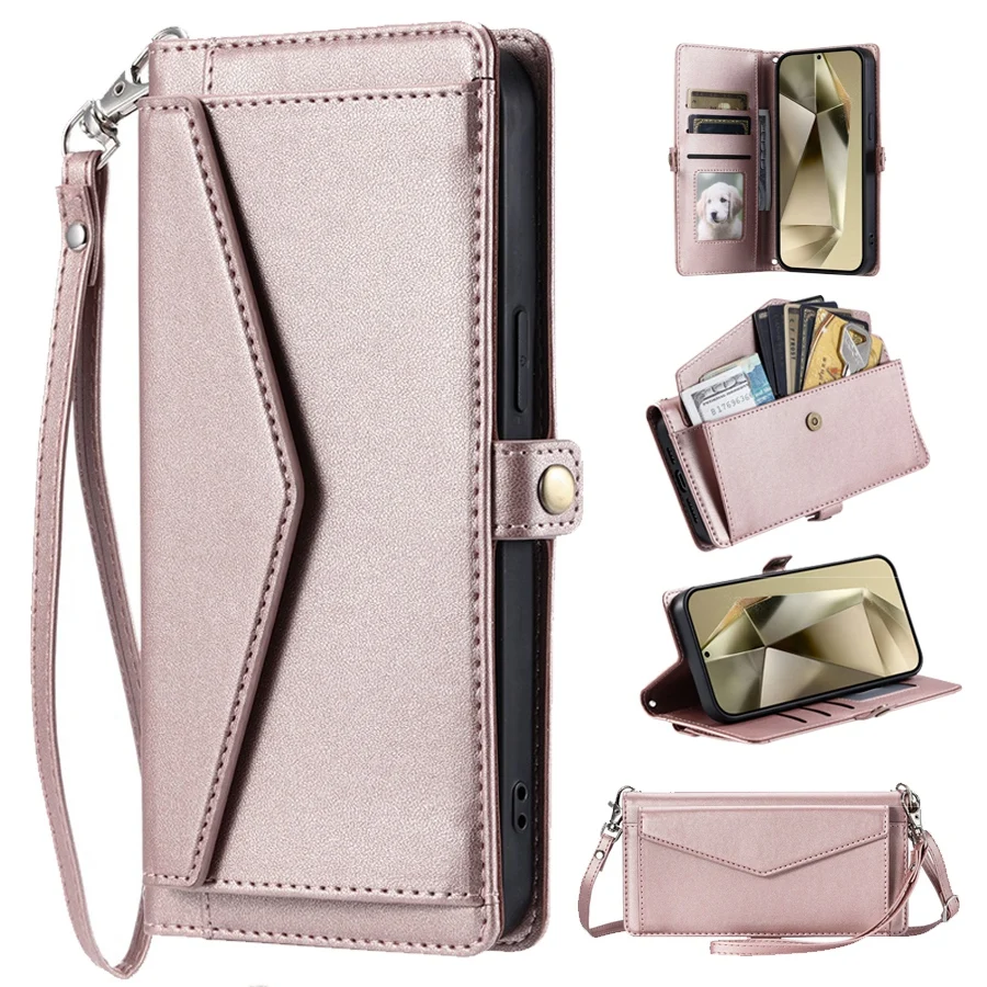 

Luxury Card Slots + Coin Purse Wallet Case for Samsung Galaxy S25 Ultra S24 S23 S22 S21 S20 Note 20 Long Lanyard Flip Cover