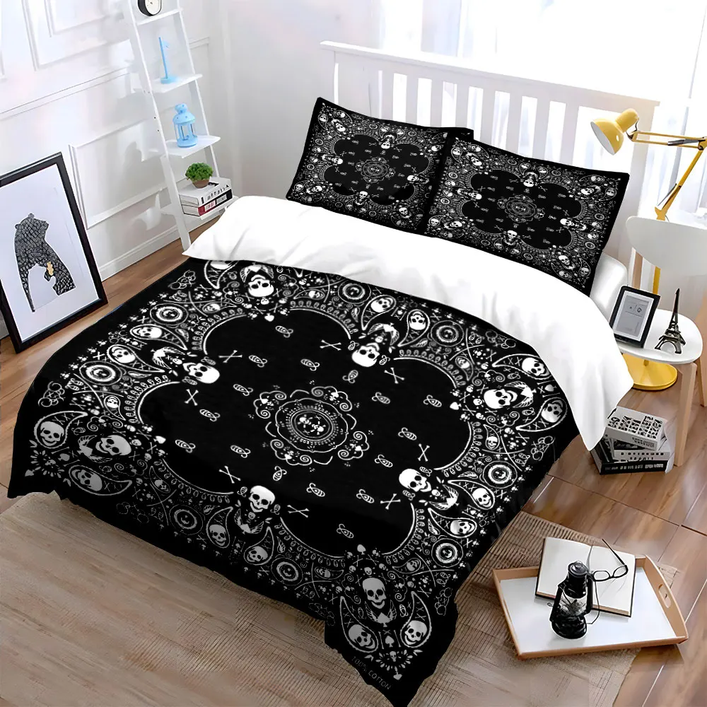 Skull Pattern Decorative Handkerchief Design Printed Duvet Cover Set 1 Duvet Cover+2 Pillowcase Multi Size Bedroom Bedding Decor