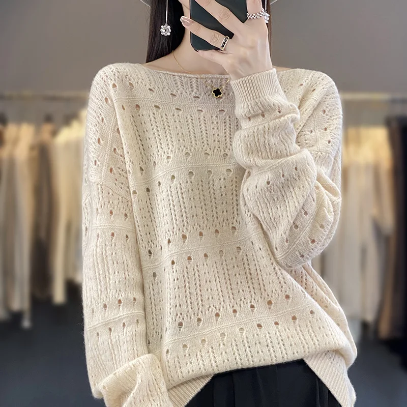 

Spring and Autumn New Hollow out 100% Wool Sweater Women's Round Neck Knitted Pullover Loose Long sleeved Underlay Women's Top