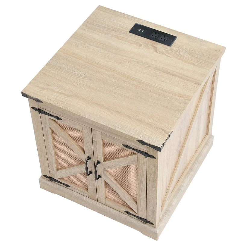 Lift-top coffee table expanded revealing power strip and internal storage space