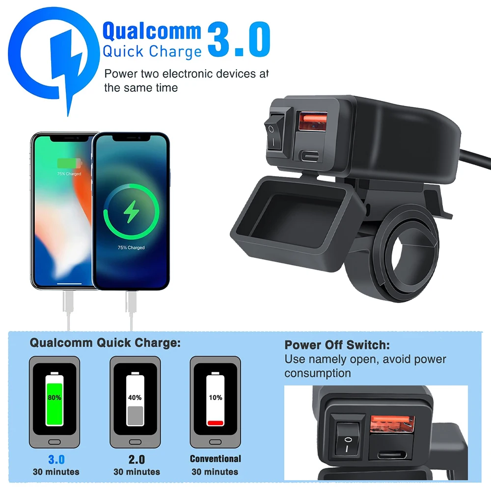 PD QC Motorcycle Charger 60W USB Fast Charger Waterproof Handlebar Mounting Bracket Charger for Bike Socket Adapter with Switch